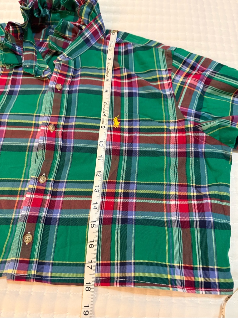 Upcycled Polo Ralph Lauren Green Plaid Button-Up Cropped Shirt - Picture 5 of 7